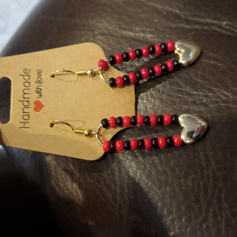 Handmade Red Beaded Heart Earrings